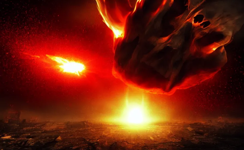 Image similar to skull shaped nuclear explosion of blood, cinematic shot, dramatic volumetric lighting, epic composition, 4K Ultra HD