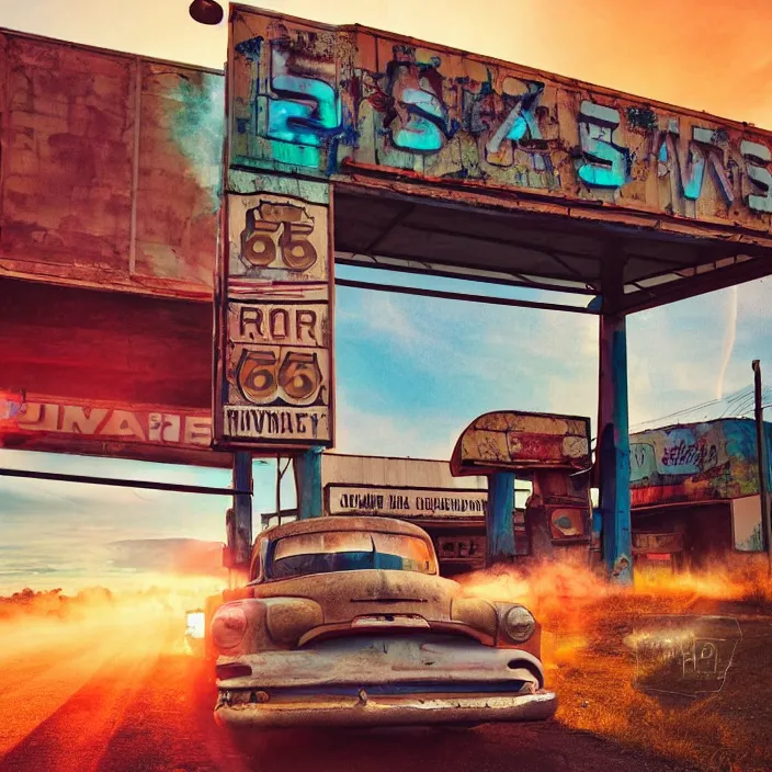 Image similar to a sunset light landscape with historical route 6 6, lots of sparkling details and sun ray ’ s, blinding backlight, smoke, volumetric lighting, colorful, octane, 3 5 mm, abandoned gas station, old rusty pickup - truck, beautiful epic colored reflections, very colorful heavenly, softlight