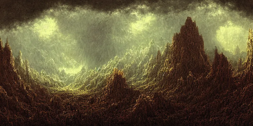 Image similar to a pixel landscape painting with many supernatural creatures, Sinister, horror, created by Gustave Dore, trending on Deviantart, high detail.