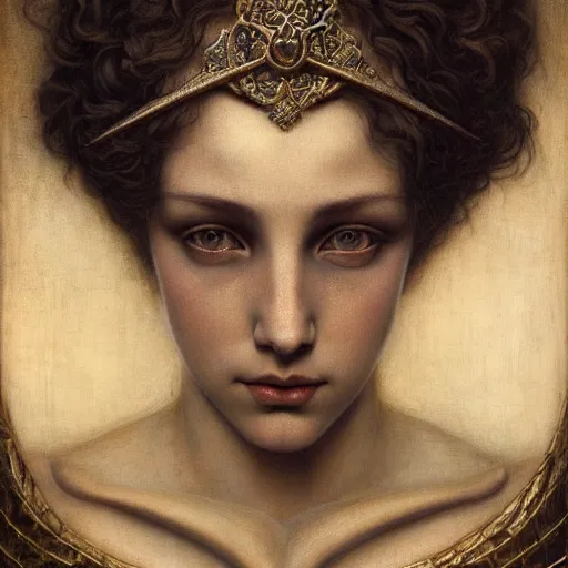 Image similar to detailed realistic beautiful young medieval queen face portrait by jean delville, tom bagshaw, brooke shaden, gustave dore and marco mazzoni, art nouveau, symbolist, visionary, gothic, pre - raphaelite, ornate gilded medieval icon, surreality