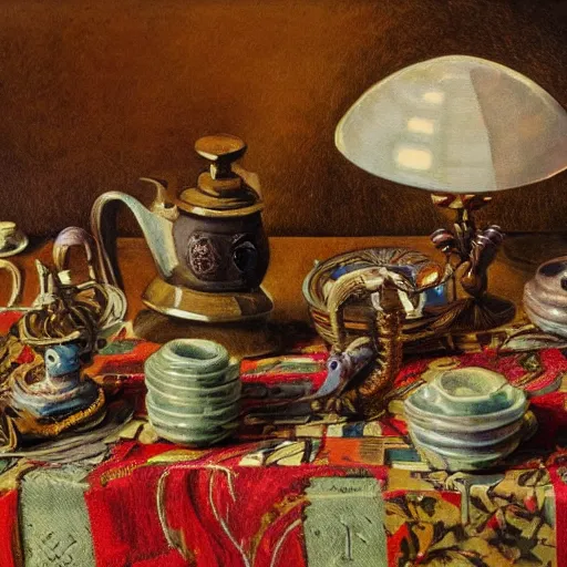 Prompt: small birds and machine parts on a table with an ornate patterned tablecloth, beautiful still life painting by lucien levy - dhurmer, moody lighting, side light