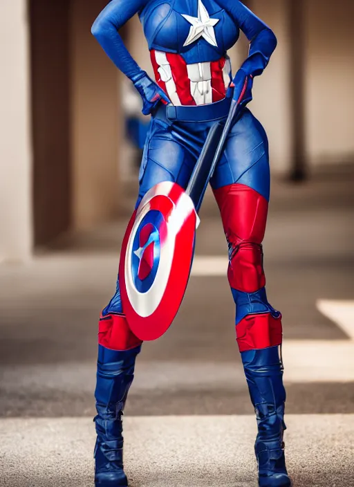 Prompt: portrait of lindsey pelas as captain america, by charlotte grimm, natural light, detailed face, canon eos c 3 0 0, ƒ 1. 8, 3 5 mm, 8 k, medium - format print, full body shot