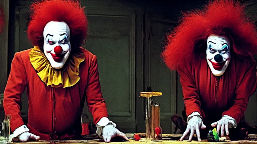 Image similar to the clown!, they're not happy, film still from the movie directed by denis villeneuve and david cronenberg with art direction by salvador dali and dr. seuss
