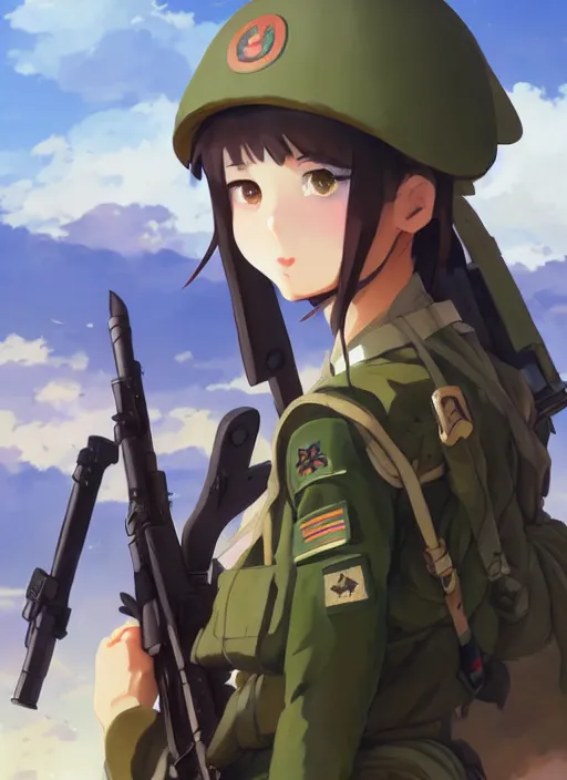 Image similar to portrait of cute soldier girl, cloudy sky background lush landscape illustration concept art anime key visual trending pixiv fanbox by wlop and greg rutkowski and makoto shinkai and studio ghibli and kyoto animation soldier clothing military gear