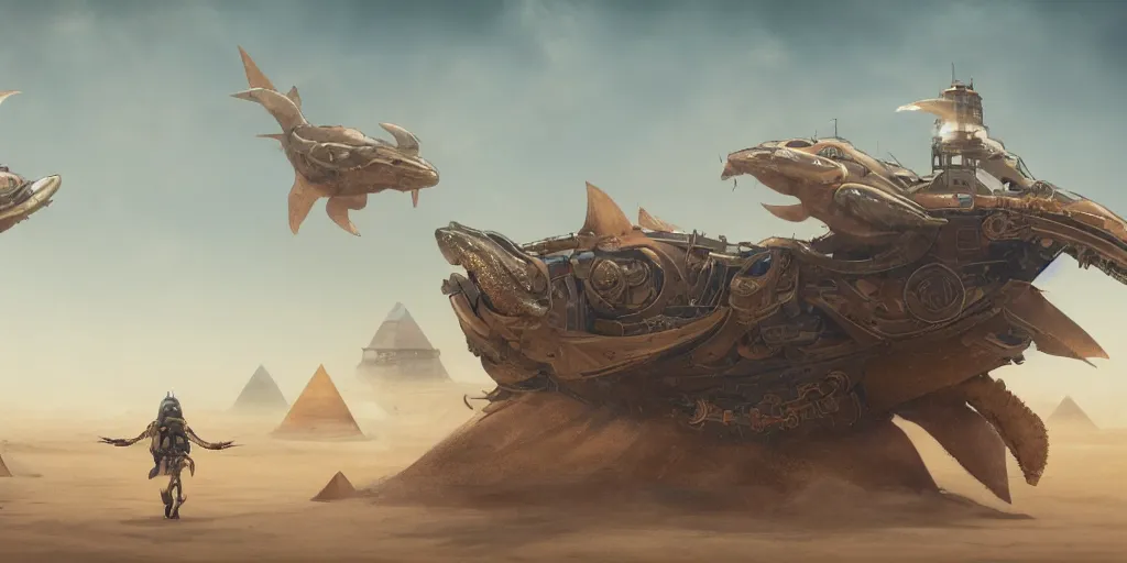 Prompt: concept art of two mechanical steampunk whales in heavy armor jumping out of sea in desert with pyramids, cyberpunk style by greg rutkowski, artgerm, octane render, foggy, orange glow, dune mood,