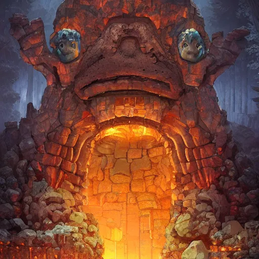 Image similar to a stone golem constructed out of rocks glowing minerals and wood, guarding the magnificent intricate design gate to a forest, 8 k resolution detailed fantasy art, asymmetrical composition, anato finnstark marc simonetti lisa frank zbrush central gloomy midnight.