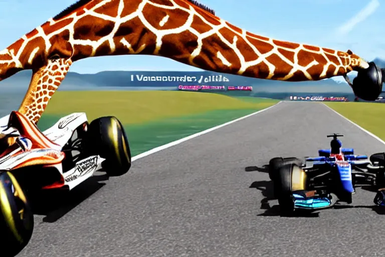 Image similar to formula one but all drivers are giraffes, actual TV footage,