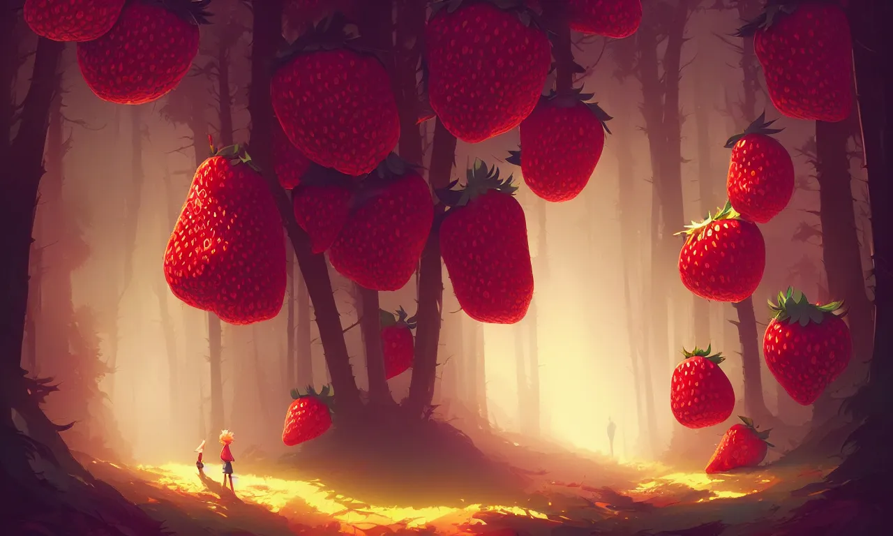 Image similar to Dark forest large strawberries, vector art, behance hd by Jesper Ejsing, by RHADS, Makoto Shinkai and Lois van baarle, ilya kuvshinov, rossdraws global illumination