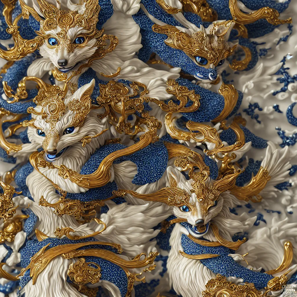 Prompt: a closeup photo - real delicate ceramic porcelain sculpture of an ornate detailed kitsune in front of an intricate background by davinci, micro detail, backlit lighting, subsurface scattering, translucent, thin porcelain, octane renderer, black and blue and gold jewelry, physically based rendering, trending on cgsociety