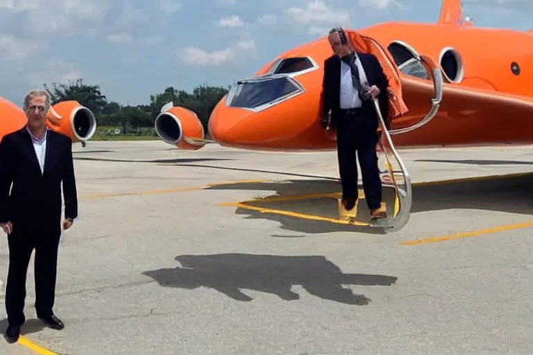 Prompt: jeffrey epstein in an orange jumpsuit, flying a private jet made of gold