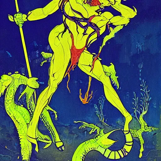 Image similar to ornate fluorescent yellow, fluorescent by margaret modlin, by walter ernest webster, by pascale campion. a photograph of hercules after he has completed one of his twelve labors, the killing of the hydra. he is standing over the dead hydra, covered in blood clutching a sword that slew the beast. his face is expressionless.