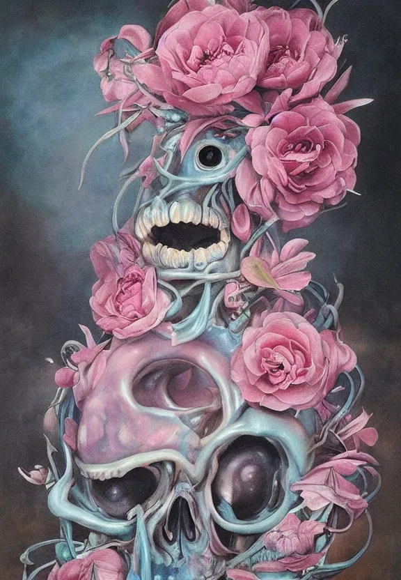 Image similar to a biomorphic painting of a vase with flowers and eyeballs in it, a surrealist painting by marco mazzoni, by dorothea tanning, pastel blues and pinks, lips, melting, plastic, skull, featured on artstation, metaphysical painting, oil on canvas, fluid acrylic pour art, airbrush art, seapunk, rococo, lovecraftian