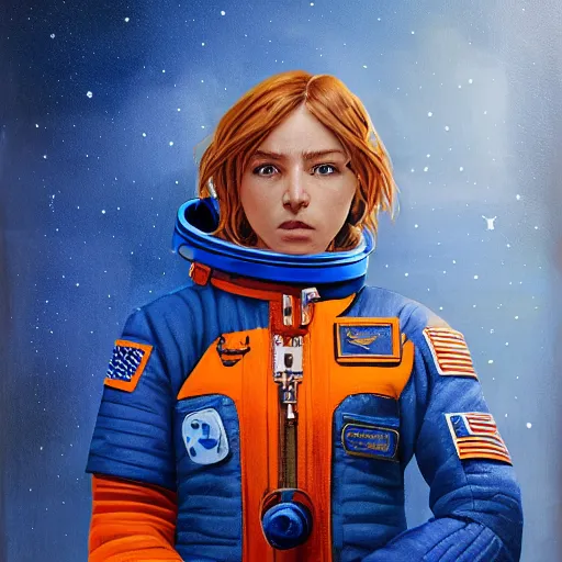 Prompt: rough and moody, highly detailed painting, lonely awkward brilliant female blond tomboy girl with short hair, in blue and orange flight suit, space high school, science fiction, octane render, artstation, michael whelan, ron cobb, digital illustration