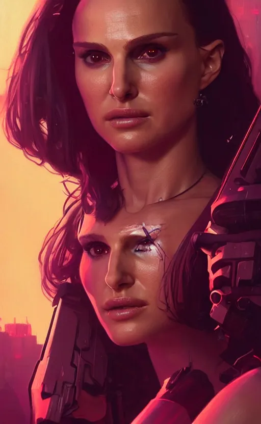 Image similar to portrait of Natalie Portman as a character in arabian Cyberpunk 2077, looking at camera, intricate, dystopian, sci-fi, extremely detailed, digital painting, artstation, concept art, smooth, sharp focus, illustration, intimidating lighting, incredible art by artgerm and greg rutkowski and alphonse mucha and simon stalenhag