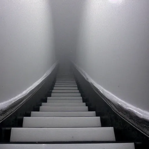 Image similar to Beautiful Fuzzy wide-eye-lens 15mm, harsh flash, cameraphone 2000s, Photograph of foggy school stairs with water on the floor