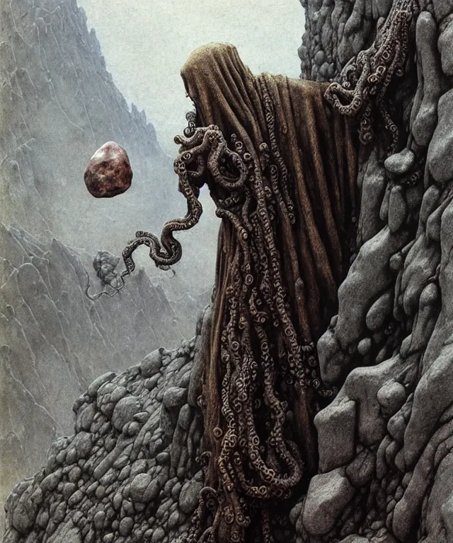 Image similar to A detailed gray-eyed tentacleheaded human stands among the mountains with a pebble in hands. Wearing a ripped mantle, robe. Extremely high details, realistic, fantasy art, solo, masterpiece, art by Zdzisław Beksiński, Arthur Rackham, Dariusz Zawadzki