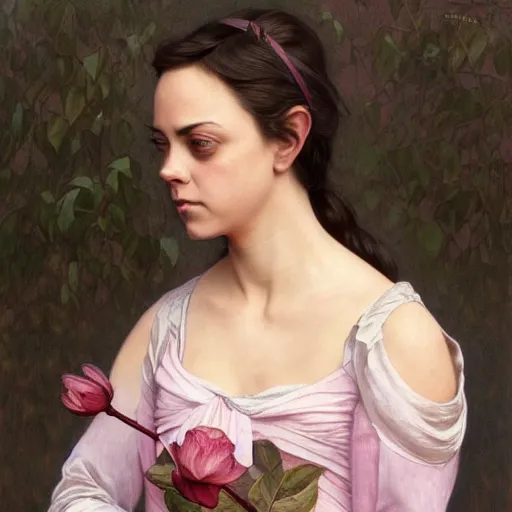 Image similar to pink petals with a ahape of a wonderful aubrey plaza and christina ricci, intricate, elegant, highly detailed, wonderful eyes, sweet, digital painting, artstation, concept art, smooth, sharp focus, illustration, art by artgerm and greg rutkowski and alphonse mucha and william - adolphe bouguereau