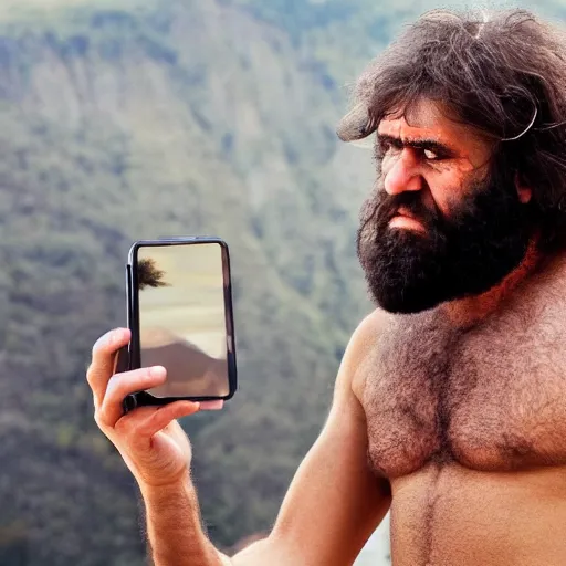 Prompt: a caveman with an iphone