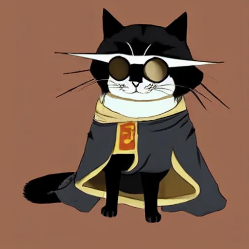 Prompt: Cat wearing an oversized cloak and an eye patch, in the style of Eichiiro Oda