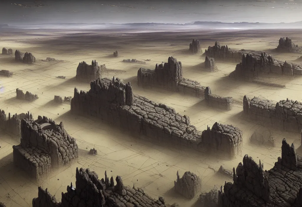 Prompt: The landscape of a flat wasteland with gray dry land, enclosed in incredibly gigantic enormous smoothed stone walls. The walls are so far apart that they disappear over the horizon. Art by Finnian MacManus, Simon Stalenhag, Arthur Rackham. Masterpiece, fantasy art, cinematic, hyperdetailed, photorealistic, hyperrealism, octane rendering, 8k, aerial view