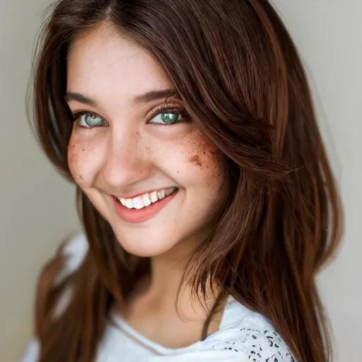 Image similar to Photograph of April, a cute young woman, long shiny bronze brown hair, full round face, green eyes, medium skin tone, light cute freckles, light blush, smiling softly, wearing casual clothing, interior lighting, cozy living room background, medium shot, mid-shot, hyperdetailed, hyperreal,