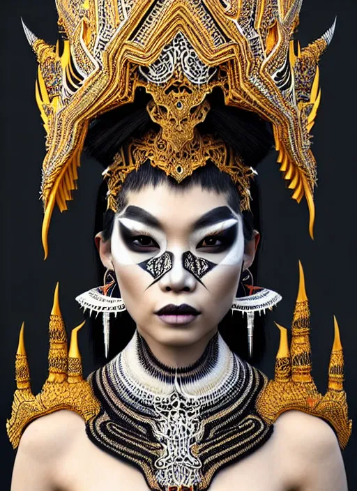 Image similar to a fierce looking beautiful young thai woman with symmetrical white makeup, wearing an intricate headdress made from bones and leather, wearing large earrings made from white bones, hyperdetailed illustration, intricate linework, in the style of a national geographic portrait, unreal engine 5 highly rendered, global illumination, radiant light, detailed and intricate environment