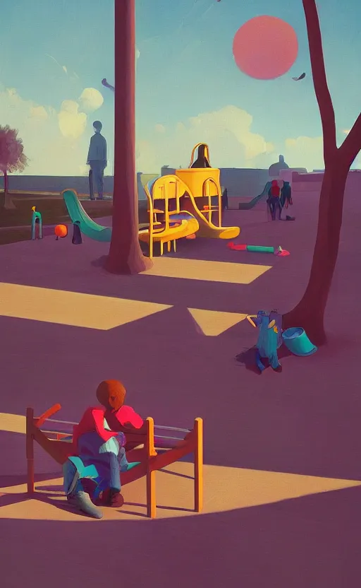 Image similar to children playground, surreal illustration, by atey ghailan and escher and edward hopper