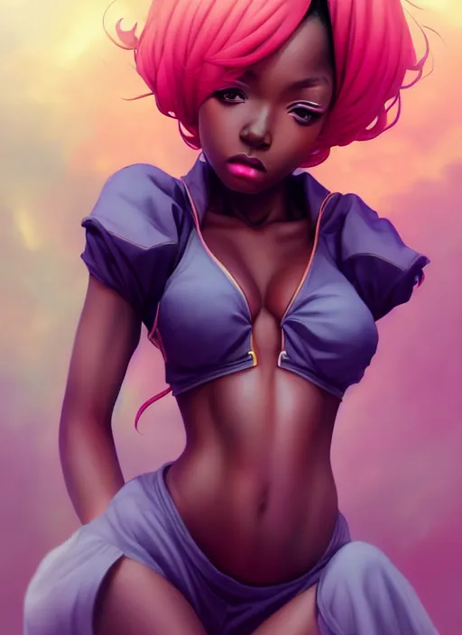 Image similar to beautiful hip hop young black woman, model pose, confident, anime style, scenery wallpaper aesthetic, pastel colors, symmetrical face, cinematic, dramatic, super detailed and intricate, hyper realistic, 4 k render, by artgerm, by kyoung hwan kim, by ralph mcquarrie, by yoshiyuki tomino