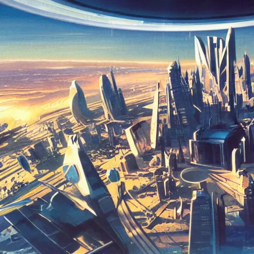 Image similar to aerial view of a science-fiction cityscape, cinematic angle, cinematic lighting, blue sky, sun in the sky, by Syd Mead, John Harris, Federico Pelat