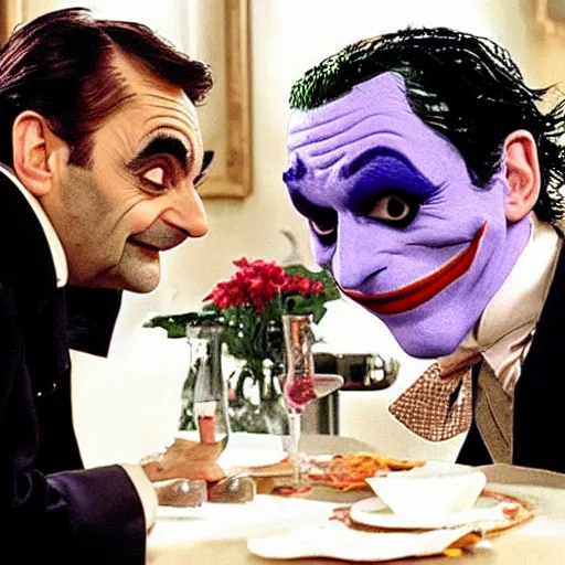 Image similar to romance scene of mr. bean and the joker making out in batman vs bean, 2 0 2 0