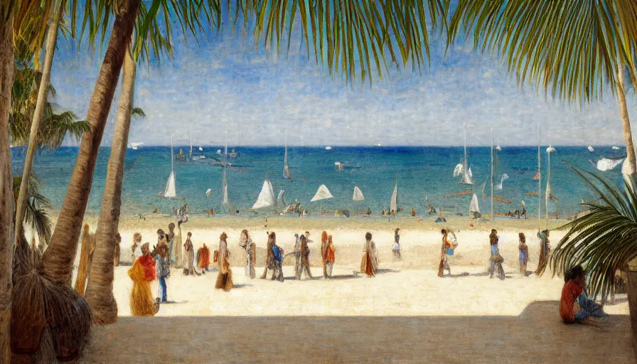 Image similar to a ultradetailed beautiful painting of the inside in the amazonas palace balustrade designed by jules bastien - lepage, tarsila do amaral, frank weston and gustave baumann, beach, trending on artstation, mediterranean, palm trees, sharp focus, sail boats, soft light, 8 k 4 k