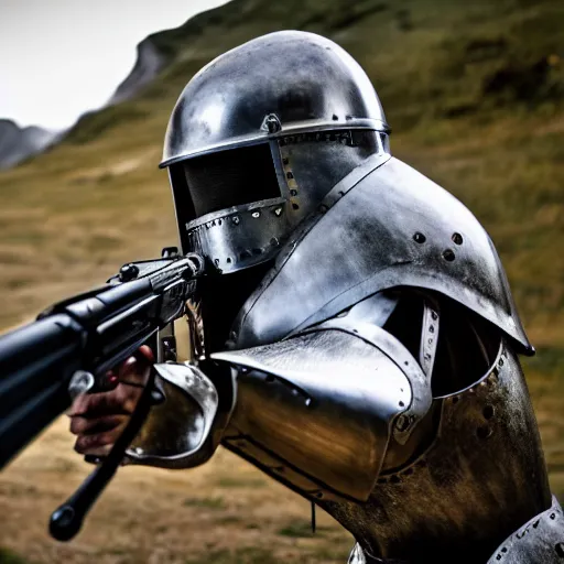 Image similar to a medieval knight in full armor, shooting an ak - 4 7. 4 k, hdr.