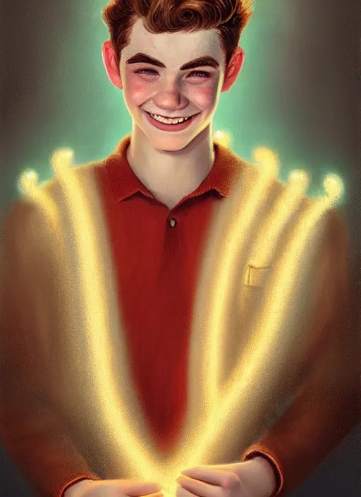 Prompt: portrait of teenage archie andrews, freckles, curly middle part haircut, curly hair, smiling kindly, friendly, 1 9 5 0 s, intricate, elegant, glowing lights, highly detailed, digital painting, artstation, concept art, smooth, sharp focus, illustration, art by wlop, mars ravelo and greg rutkowski