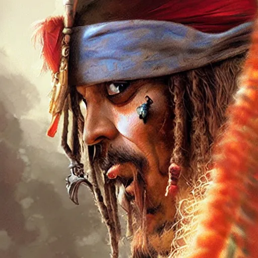 Prompt: UHD photorealistic Jack Sparrow in Wonderland by Greg Rutkowski