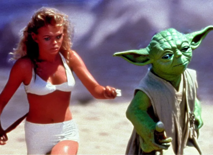 Prompt: a film still of yoda in baywatch 1 9 8 9