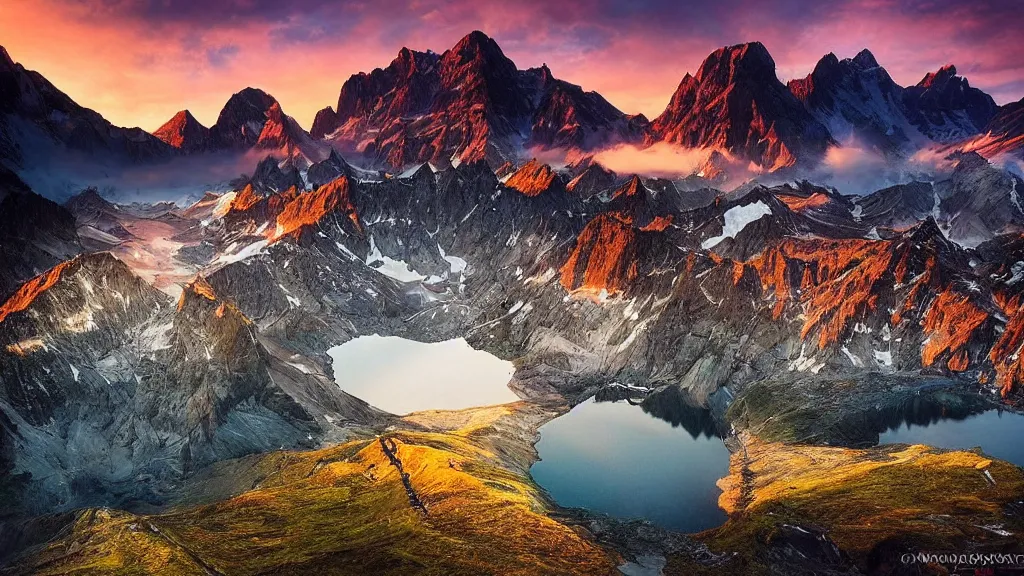 Image similar to amazing landscape photo of mountains with lake in sunset by marc adamus, beautiful dramatic lighting