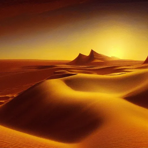 Prompt: breathtaking detailed painting of an oasis in the sahara desert, sunset over dunes, the sun shining on water, rembrandt style, elegant, highly detailed, artstation, concept art, matte, sharp focus, art by