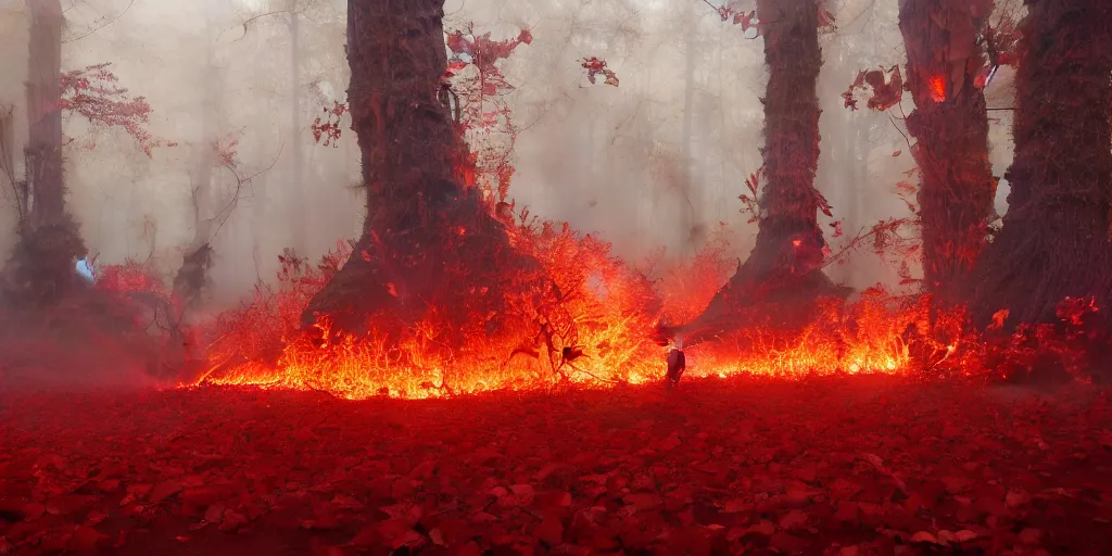 Image similar to A flaming forest , flaming leaves,fire ,Magma,Red stones are scattered, flame red ferns, flame red shrubs, huge flame Fantasy plant,covered in flame red porcelain vine, artstation,by Jakub Rozalski