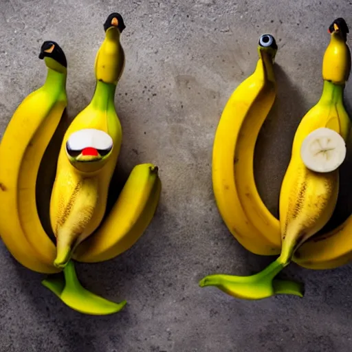 Image similar to professional photograph of banana ducks, peeled bananas with googly eyes and duck beaks