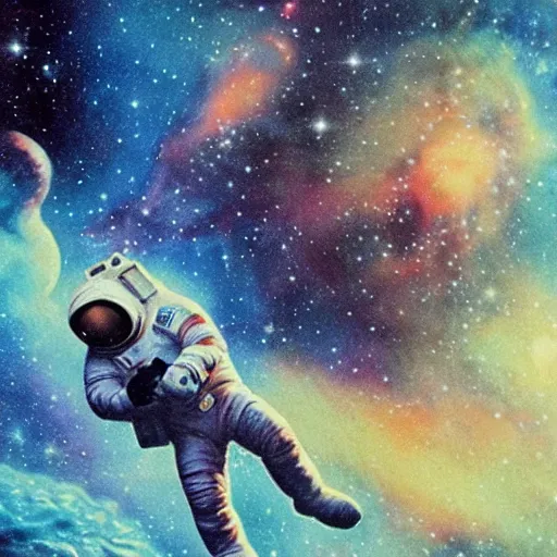 Image similar to astronaut falling on a nebula vintage 8 0 s