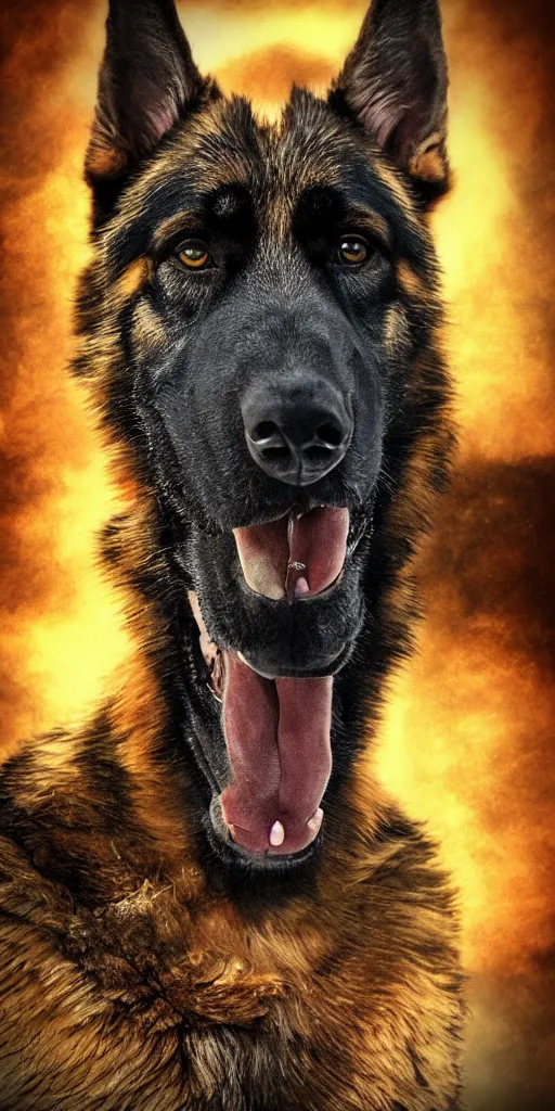 Prompt: close up character portrait icon of the german shepard beast - man, chest muscles, standing in hell landscape, 4 k, tone mapping