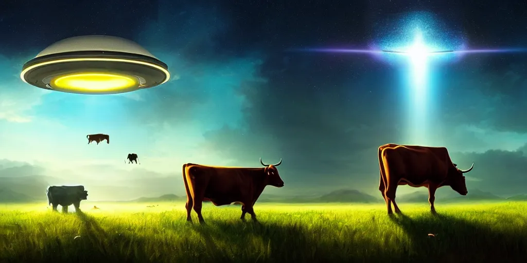 Image similar to a beautiful ufo abducting a cow from a field, beam of light, vivid colors, digital art, landscape, fantasy art, octane render, unreal engine, high detail, very realistic, by greg rutkowski. by james gurney