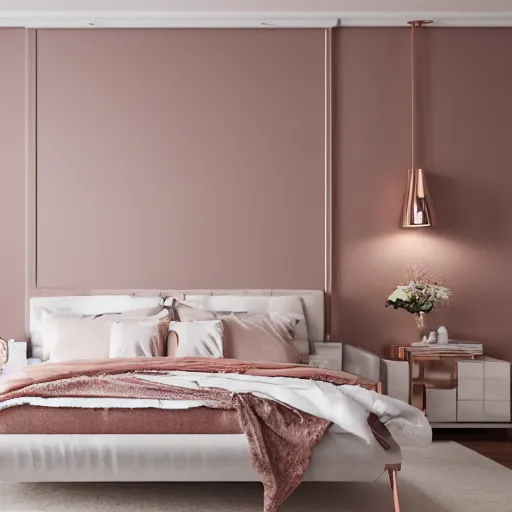 Prompt: 3 d render of white bedroom with rose gold metallic accents