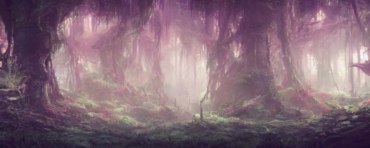 Prompt: detailed concept art illustration colorful pastel painting of a magical sci-fi fantasy forest in full intricate detail, ultra detailed, digital art, octane render, 4K, dystopian, micro details