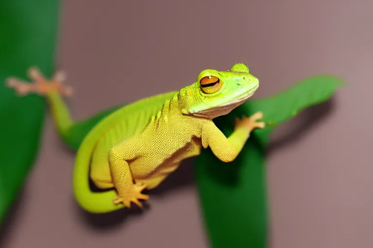 Prompt: a gecko hanging from a leaf