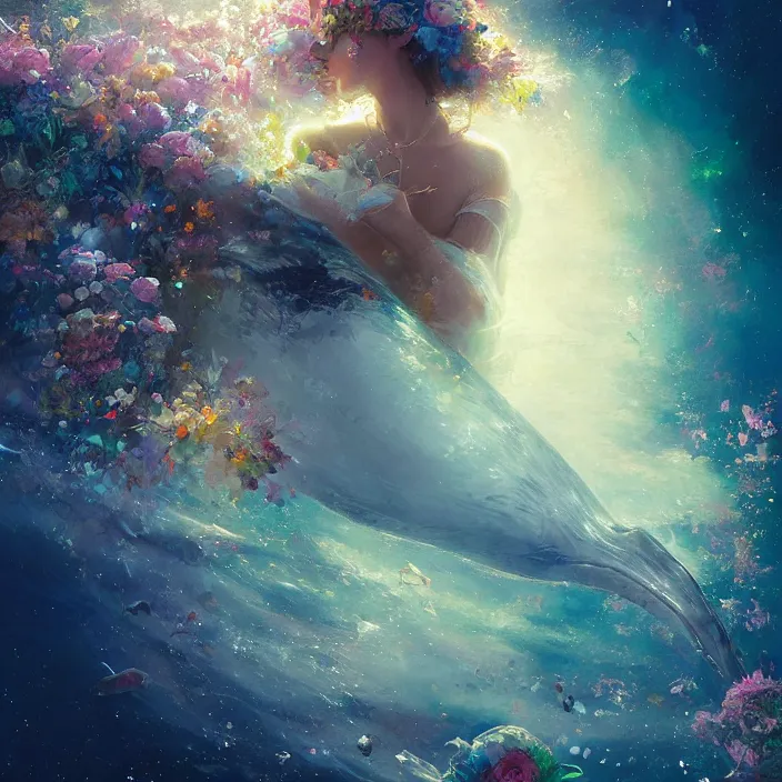 Prompt: glimmering whale, flowing dress, flowers, cosmos, milky way galaxy, golden hour, god rays, coral reef, dreamscape by artgerm and ruan jia and ismail inceoglu and greg olsen, masterpiece, minimalistic, beautiful, intricate, elegant, highly detailed