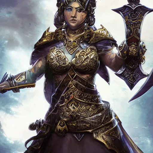 Image similar to a fantasy warrior woman with sword drawn and in hand, shield in the other hand in a heroic pose, beautiful exaggerated ornate armor with gem embedded in the center, cinematic, magical energy emanating from it, high resolution