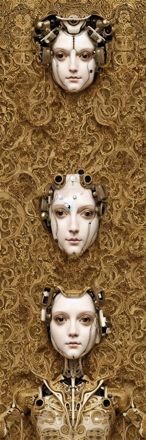 Image similar to seamless pattern of beautiful cybernetic baroque robot, beautiful baroque porcelain face + body is clear plastic, inside organic robotic tubes and parts, damask patern, front facing, wearing translucent baroque rain jacket, carved gold panel + symmetrical composition + intricate details, hyperrealism, wet, reflections + by alfonse mucha and moebius, no blur