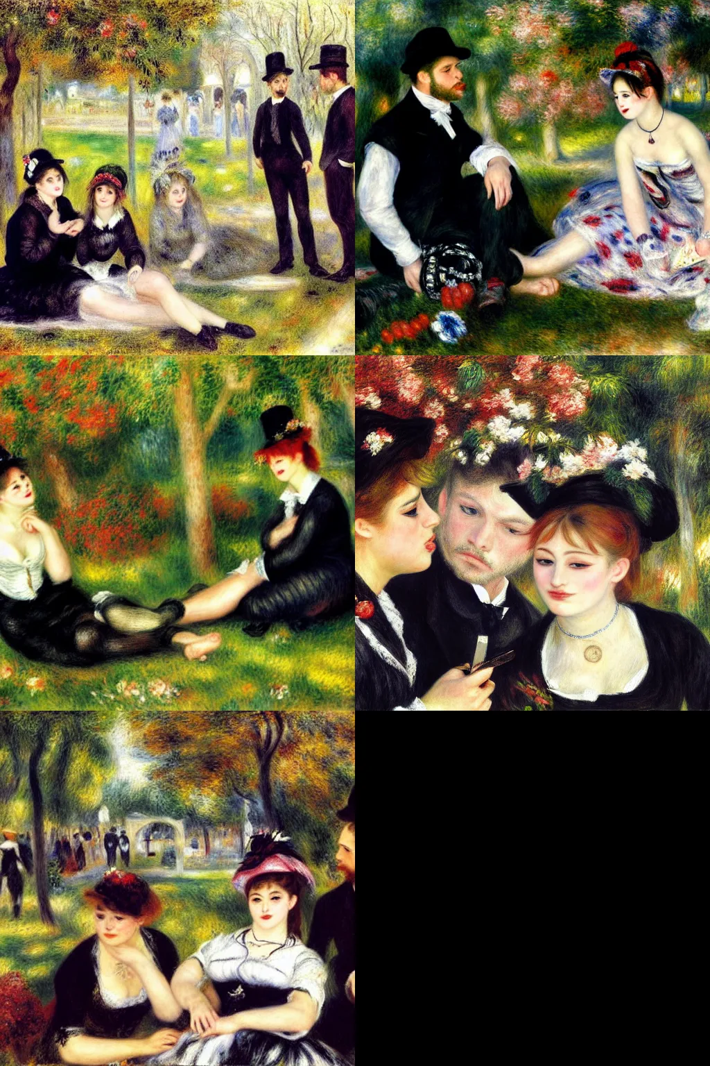 Prompt: an hd painting by pierre - auguste renoir. three goths loitering in the shade, talking beneath a cherry tree outside a blockbuster video store.