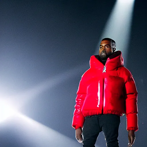 Image similar to kanye west wearing a red puffer jacket and red pants, standing in a stadium, white light shining on him